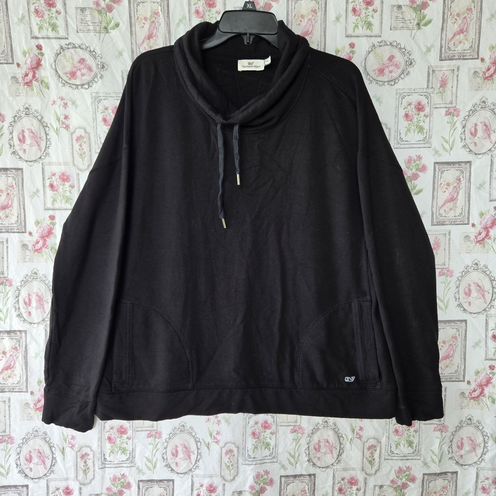 Vineyard Vines Women XL Black Cowl Neck Pullover Sweatshirt Drawstring Pockets